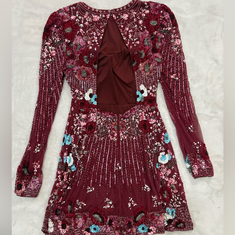 Embroidered Burgundy Long-Sleeve Mini Dress - Picture 3 of 3
